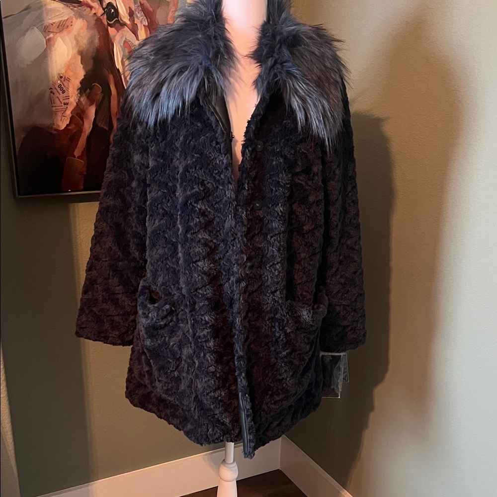 Adrienne Landau Blue Teddy Jacket with Fur Trim